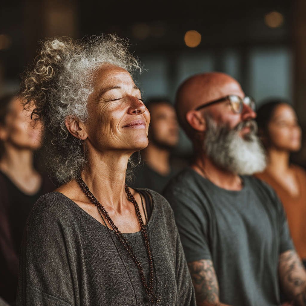 Happy diverse group of people aged 40-55 sitting in meditation circle after yoga class with peaceful smiles