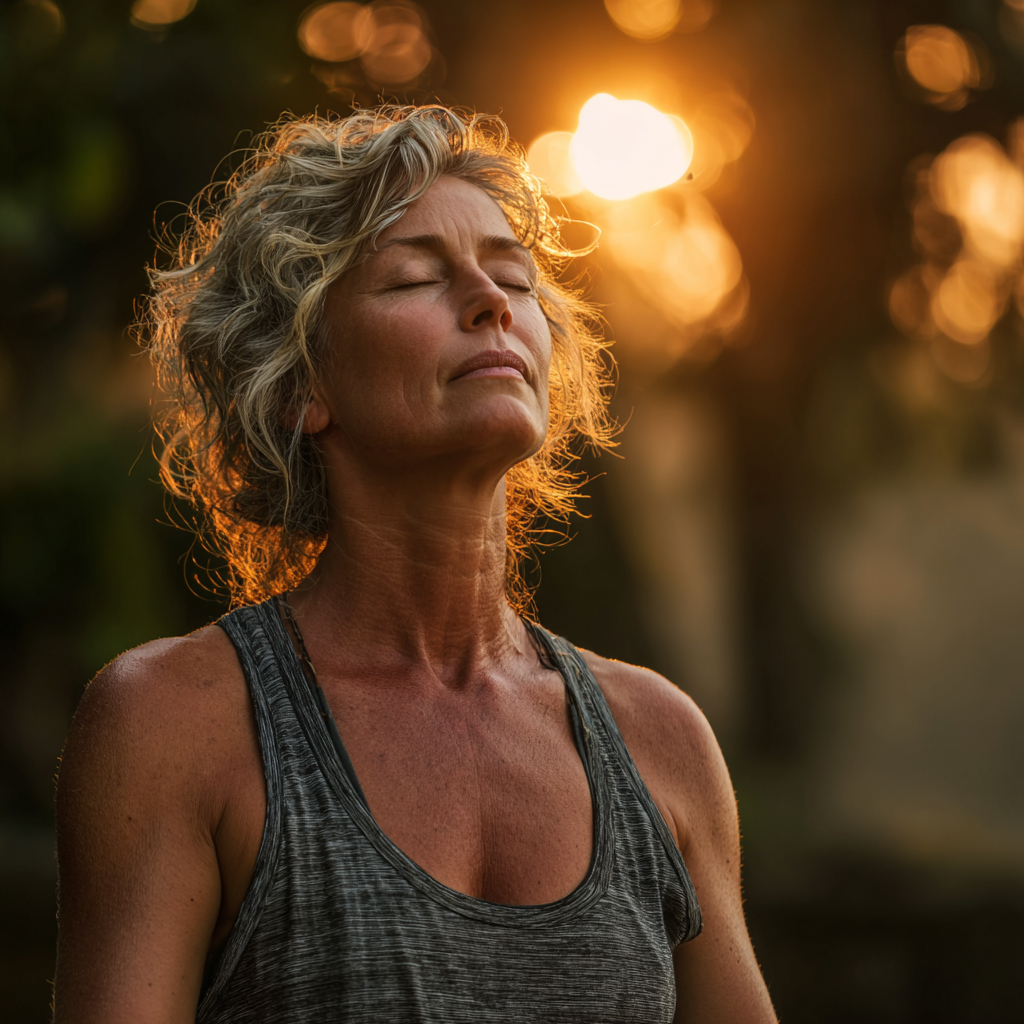 Peaceful middle-aged woman in her 50s practicing yoga meditation pose in a serene natural setting with soft morning light