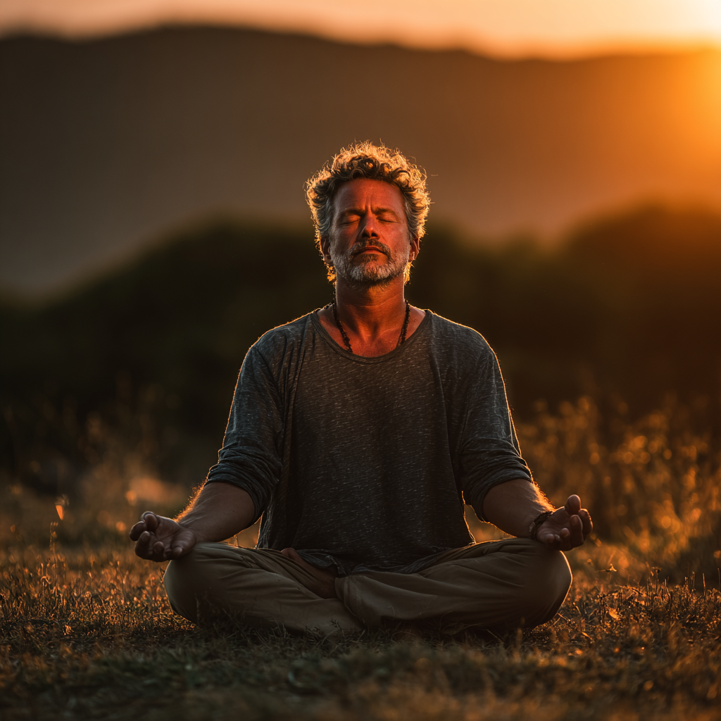 Serene 45-year-old man in comfortable yoga pose during golden hour outdoor session surrounded by nature